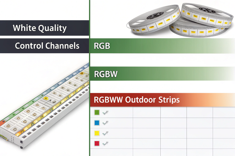 Table or infographic comparing key specs: LED types, White Quality, Control Channels, Best Use for RGB, RGBW, RGBWW outdoor strips