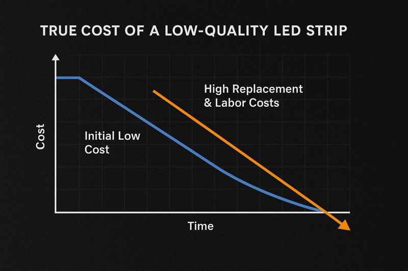 A graphic showing a collapsing chart, where the initial low cost is quickly overtaken by high replacement and labor costs over time.