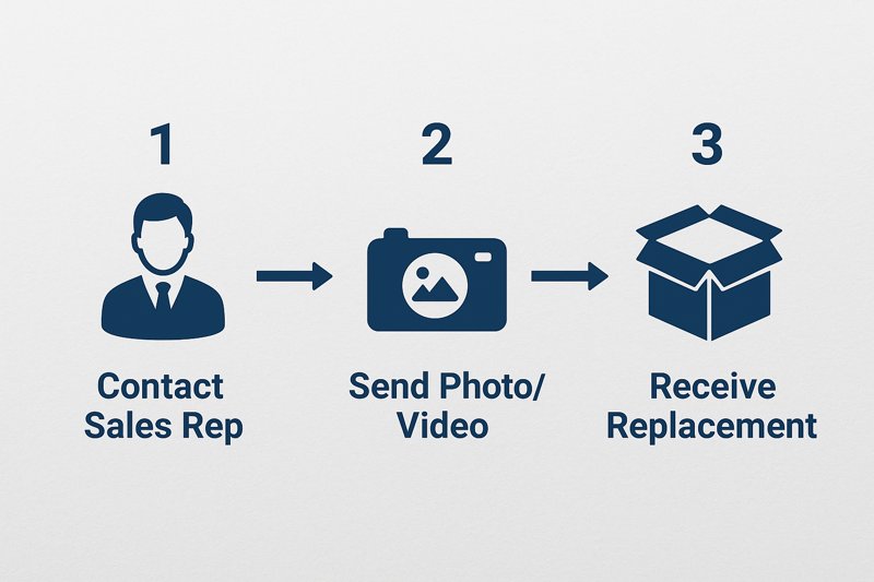 A simple flowchart showing three steps: 1. Contact Sales Rep, 2. Send Photo/Video, 3. Receive Replacement.