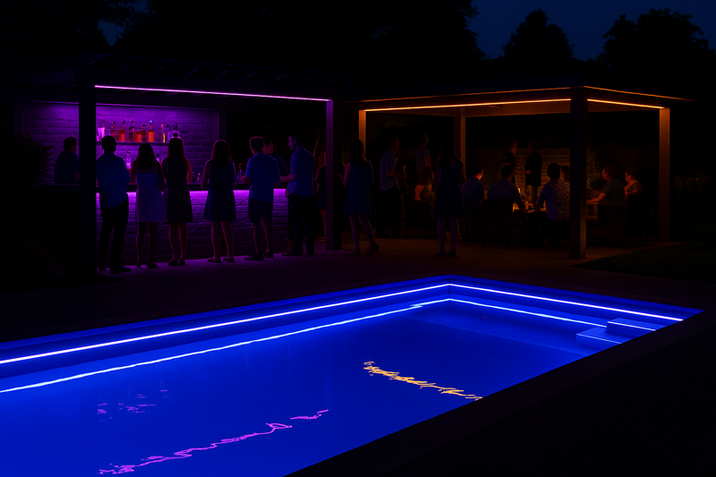 A lively backyard party at night with a pool glowing blue, a bar underlit with purple, and pergola beams traced in a warm color