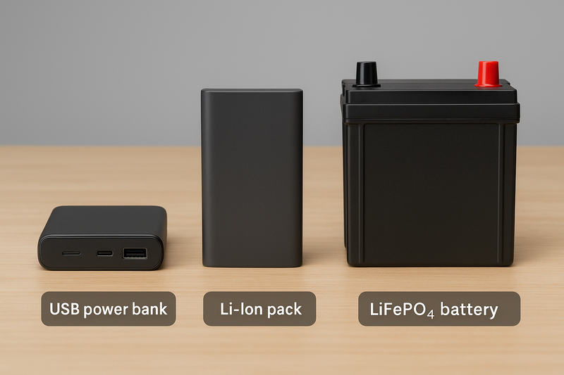 A side-by-side view of a small USB power bank, a medium Li-Ion pack, and a rugged LiFePO4 battery.