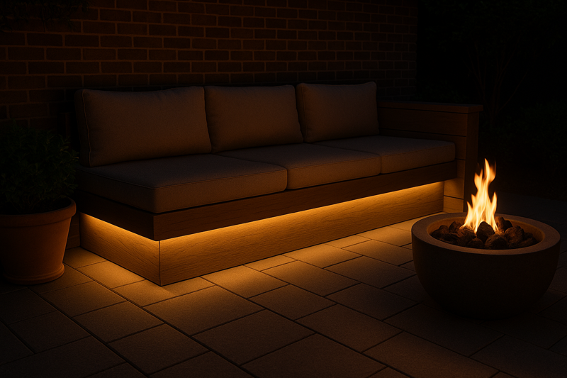 A cozy patio seating area with a built-in bench that glows warmly from underneath, creating an intimate and welcoming fireside feel.