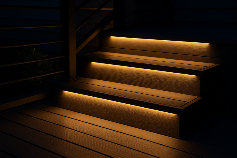 Close-up of a modern deck staircase at night, where each step is illuminated by a hidden LED strip, creating a floating effect.
