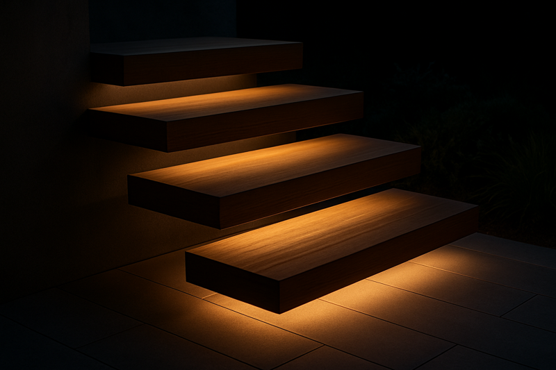 Close-up view of modern floating stairs at night, with each wooden tread warmly lit from underneath by a hidden LED strip.