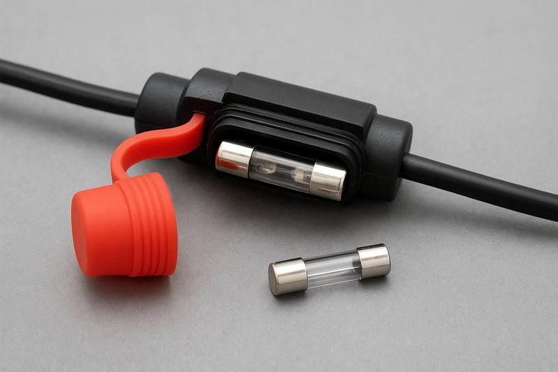 A close-up of an in-line fuse holder with a blown fuse next to a fresh one, illustrating its protective function.