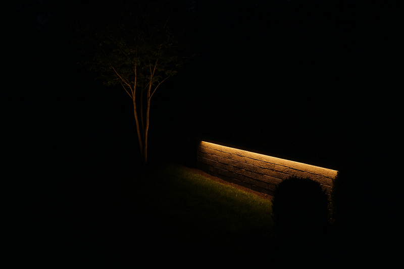 A dark garden where a single low-power spotlight illuminates a tree and a soft strip light washes a low wall, creating depth and drama.