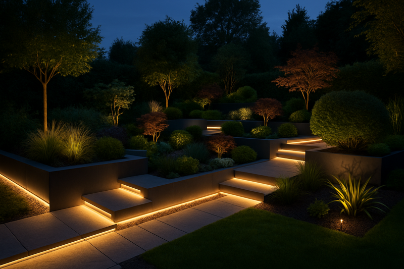 A beautifully lit modern garden at twilight, with light subtly integrated into steps, planters, and pathways.