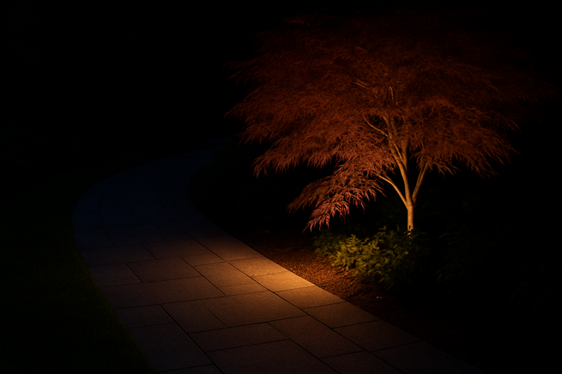 A section of a garden path where the light is focused on a beautiful Japanese maple nearby, with the path itself in softer, reflected light.