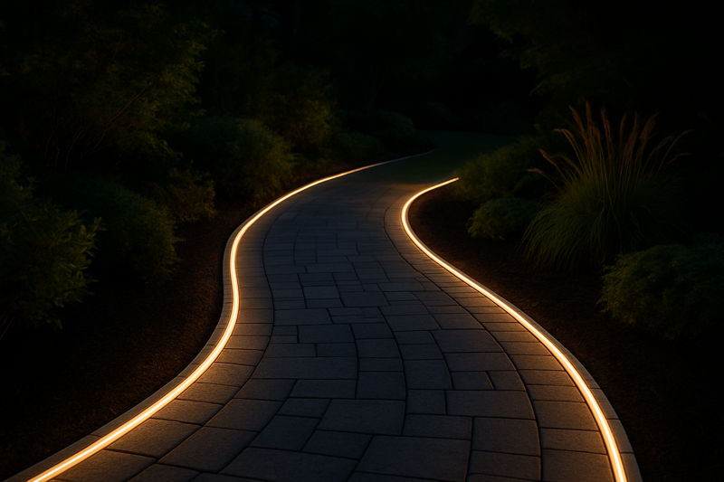 A beautiful curving stone pathway in a garden at night, illuminated by a gentle, continuous glow from its edge.