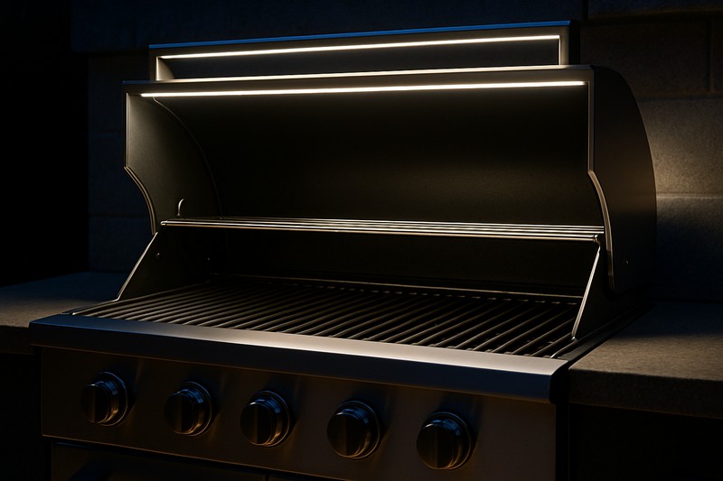 A close-up view of a grill at night, perfectly illuminated by a shadow-free light from an overhead LED strip.