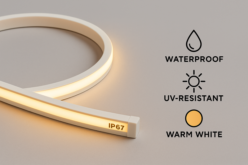 A product shot showing a durable, flexible IP67 LED strip alongside icons for waterproof, UV-resistant, and warm color temperature
