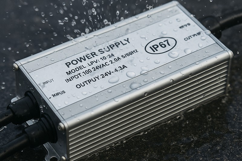 A rugged, sealed IP67 power supply being splashed with water, demonstrating its waterproof capability.