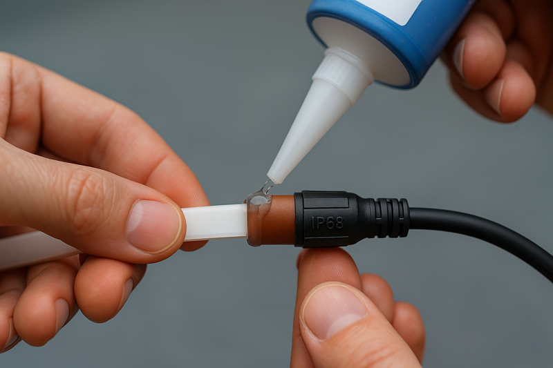 A detailed image of a technician carefully sealing an IP68 connector for an underwater LED strip with sealant.