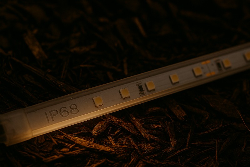 A close-up of a rugged, waterproof IP68 LED strip partially buried in garden mulch, showing its durable construction