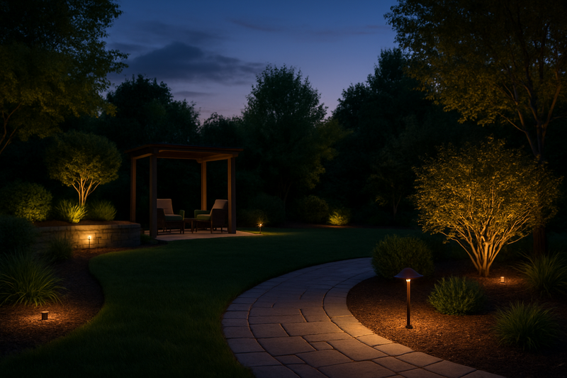 A beautiful outdoor setting at dusk with strategically placed, dimmed LED lights, implying efficiency and ambiance