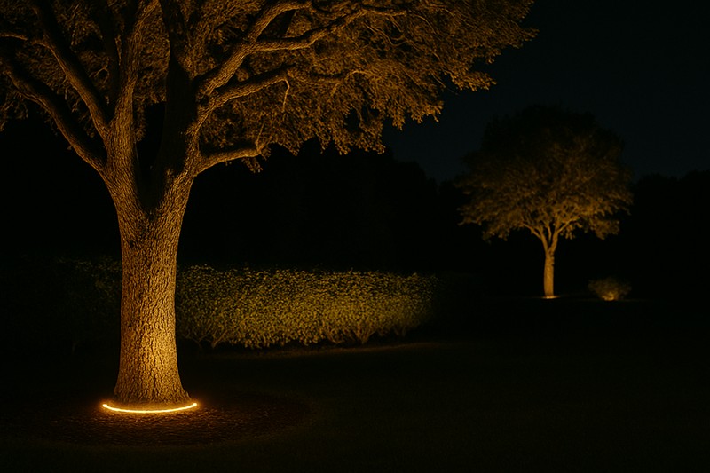 A view across a garden at night showing a brightly lit tree in the foreground, a softly lit hedge in the middle, and a faintly lit tree in the distance.