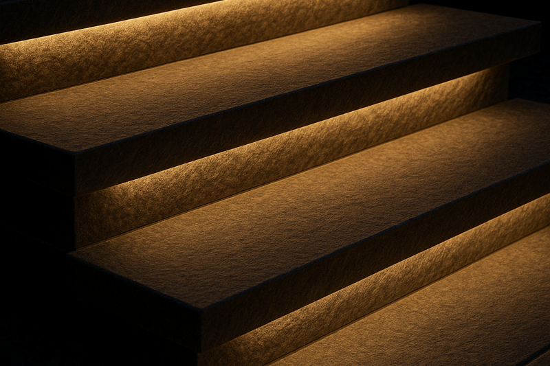Close-up of stone steps at night, with a warm white LED strip glowing from underneath each tread.