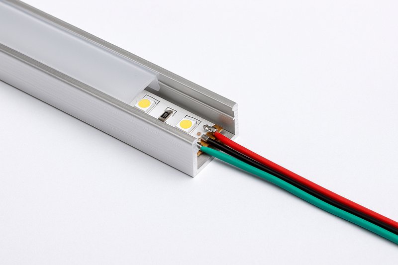 A clean installation showing LED strip wires running neatly inside a protective aluminum channel.