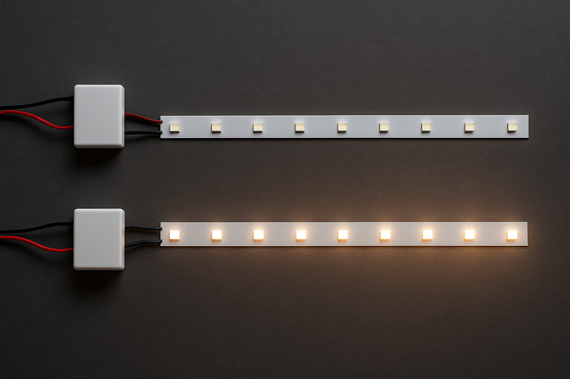 A side-by-side comparison shot: one dim LED strip and one bright one, both connected to identical small power sources, highlighting efficiency.