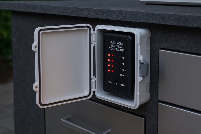 A rugged, waterproof multi-zone lighting controller mounted neatly inside a weatherproof enclosure on the side of an outdoor kitchen cabinet.