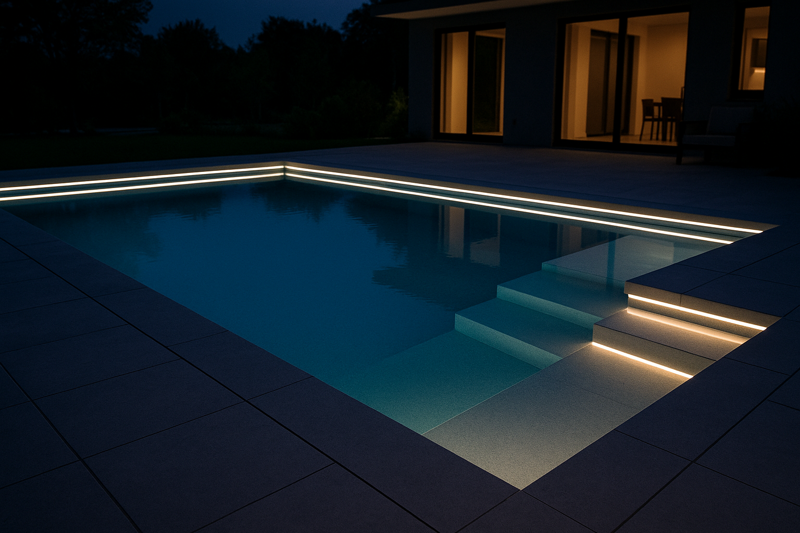 A luxurious modern swimming pool at dusk, with LED strips creating a seamless glow along the waterline and steps