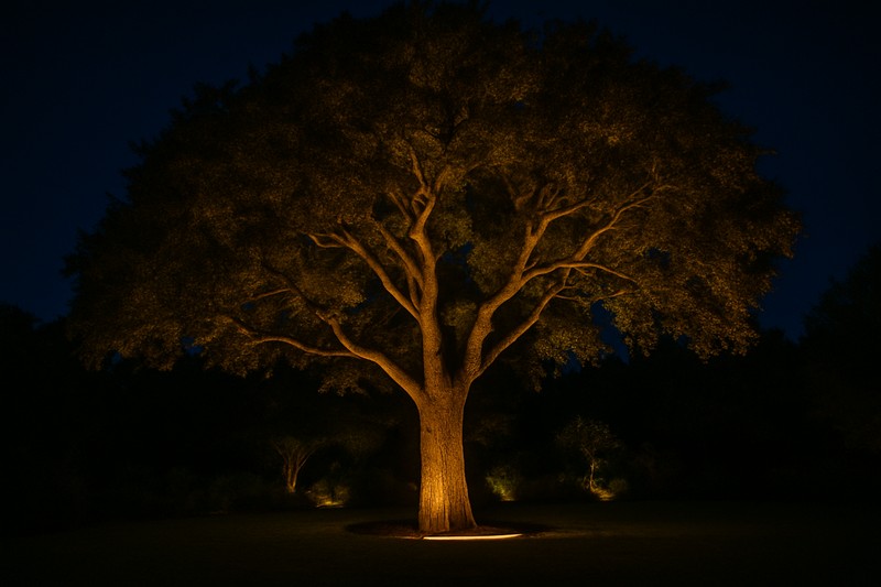 A majestic oak tree at night, its trunk wrapped in a warm light and its canopy beautifully uplighted, creating a stunning focal point in a garden.