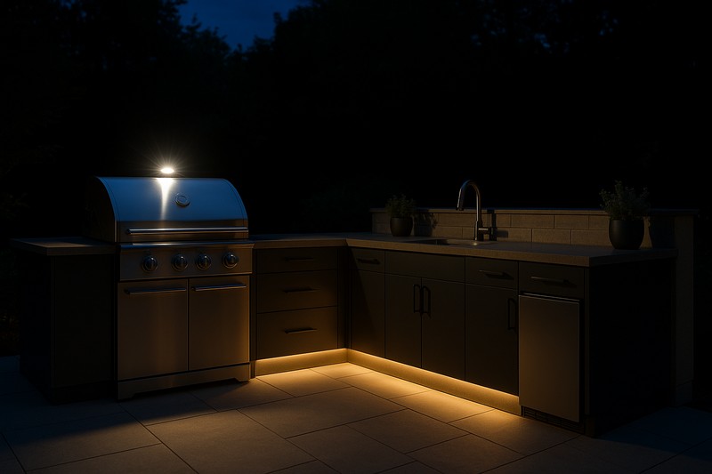 A beautiful modern outdoor kitchen at night, with bright light over the grill and warm, glowing light under the countertops.