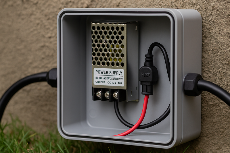 A close-up of a neatly installed outdoor power supply inside a weatherproof enclosure, with clean wiring and a fuse holder visible
