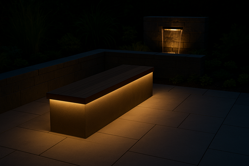 A modern patio with a built-in bench that appears to float on a cushion of warm white light. In the background, a small waterfall is internally lit.