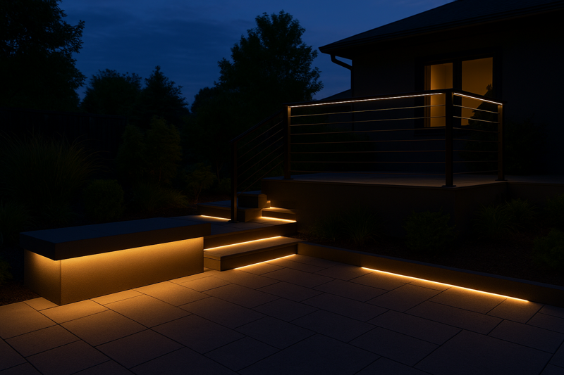 A beautifully lit modern patio at twilight, with glowing benches, steps, and soft light from under railings