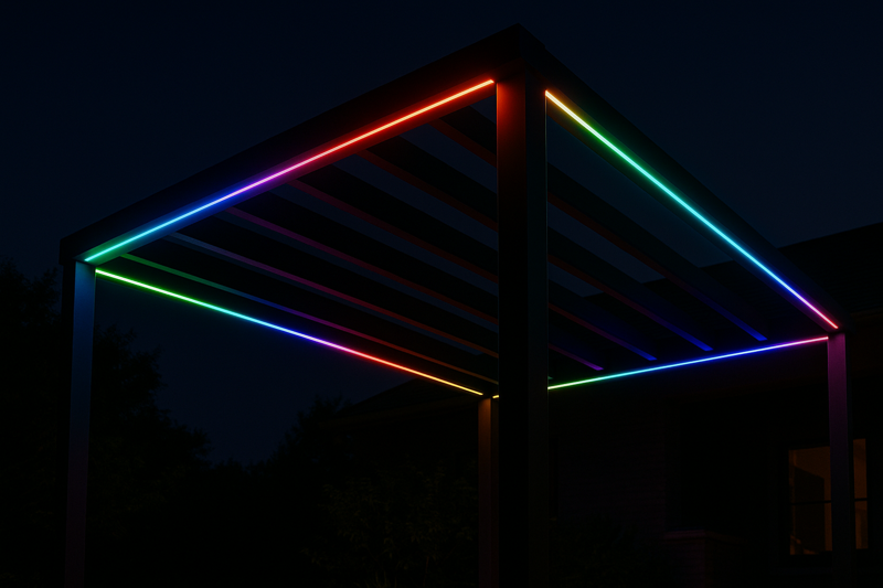 A view of a modern pergola, where a 