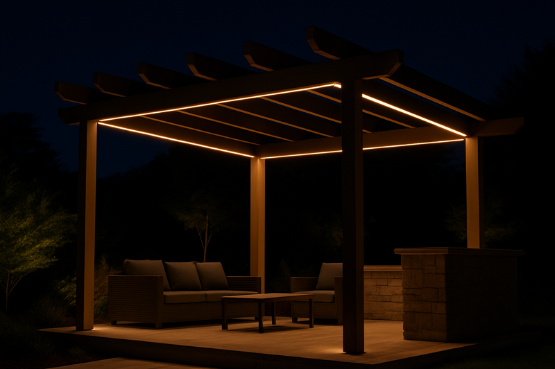 A stunning pergola at night with warm white LED strips tracing its main beams, creating the feel of an elegant outdoor room.