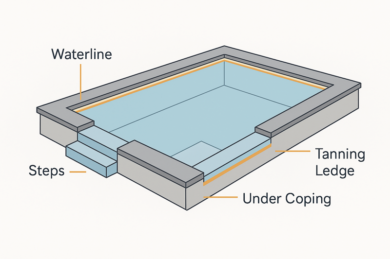 An illustration or photo showing the different potential locations for LED strips within a pool: waterline, steps, tanning ledge, under coping.