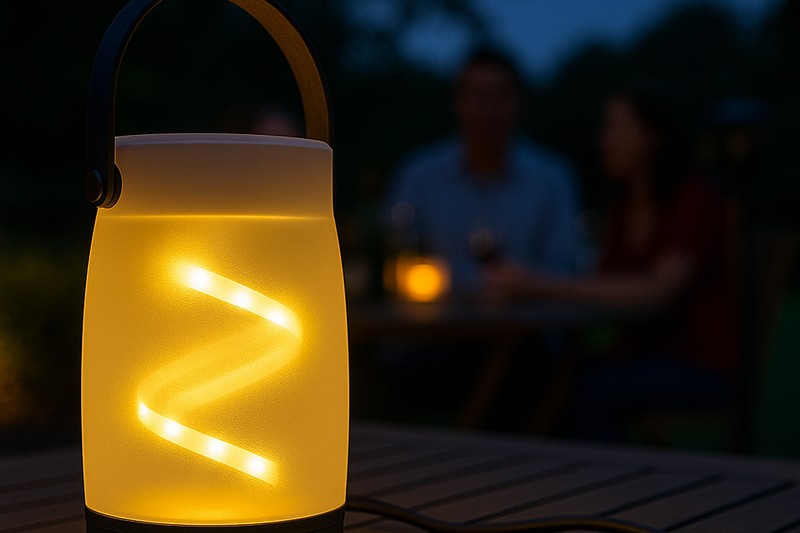 A portable lantern with a glowing LED strip inside, sitting on an outdoor table for a party.