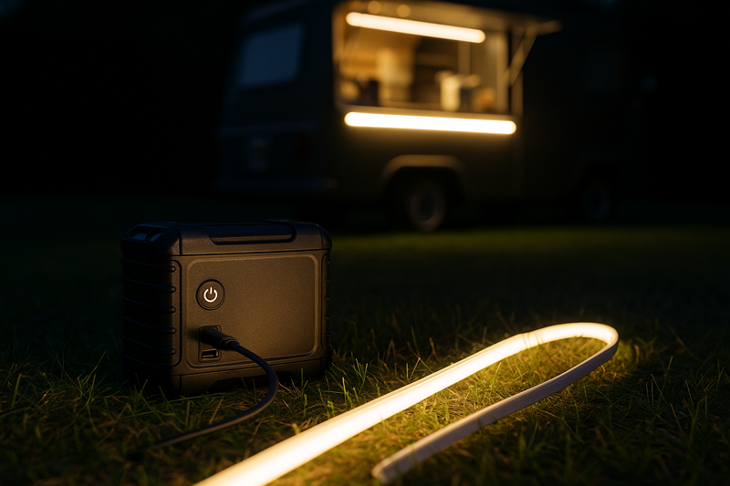 A portable, rugged battery pack sitting on grass, connected to an LED strip illuminating a food truck or market stall