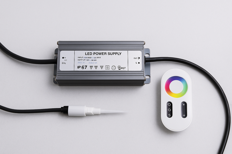 A clean setup showing an outdoor-rated LED power supply and a wireless remote controller for RGB lighting.