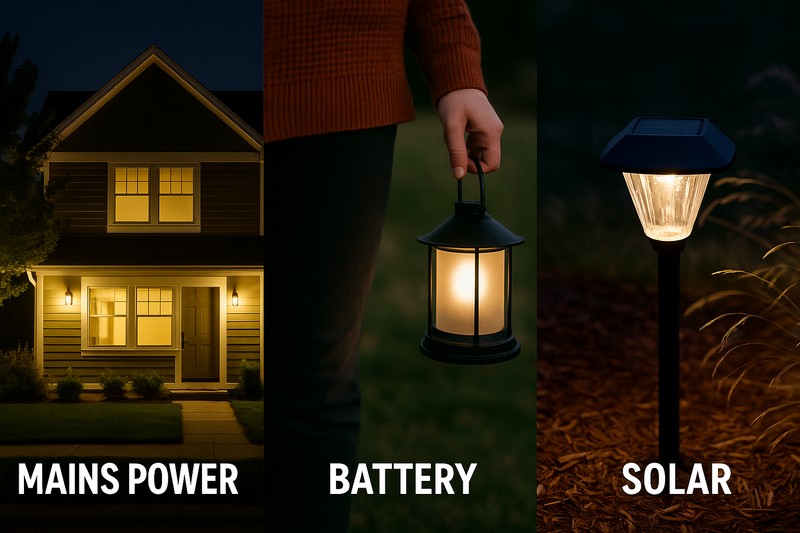 A collage showing three scenarios: a fully lit house on mains power, a small battery-powered lantern, and a solar-powered path light