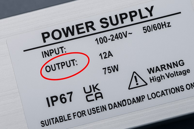 A close-up of an LED power supply label, with the Voltage and Wattage specifications circled.