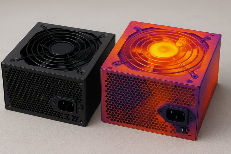 An image showing two power supplies: one is cool and operating normally, the other is visibly discoloring from heat with a thermal camera overlay.