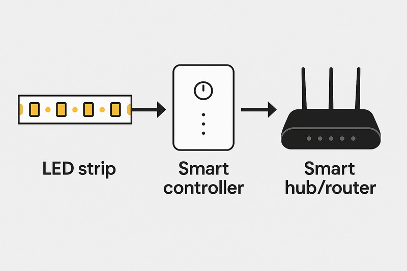 A diagram showing an LED strip, a smart controller, and a smart hub/router with arrows indicating their connection.