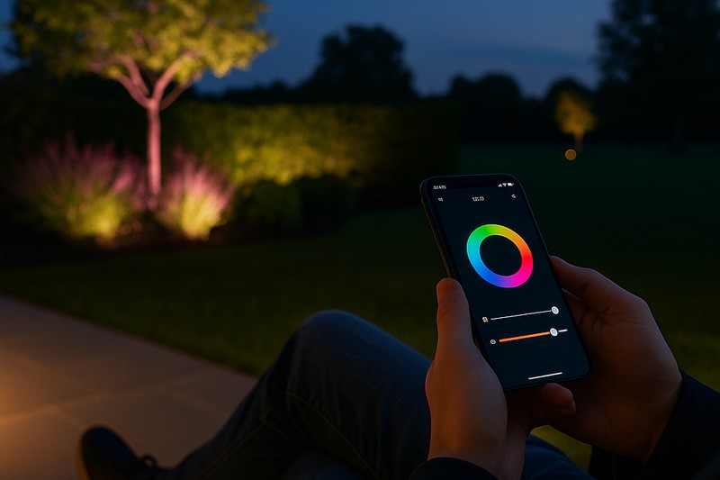 A person relaxing on their patio at dusk, holding a smartphone that is controlling the color and brightness of the surrounding landscape lights