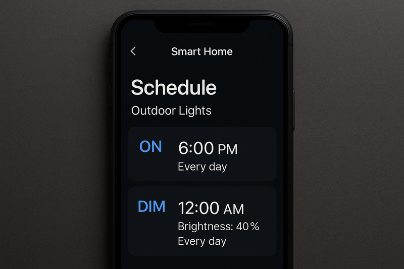 A smart home app interface showing a schedule for outdoor lights, with brightness dimmed to 40% after midnight.
