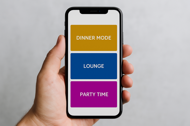 A hand holding a smartphone, with an app open showing simple buttons labeled 