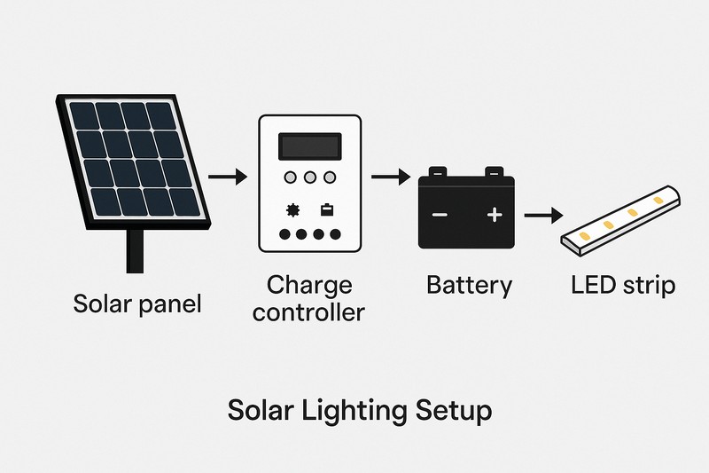 A well-organized solar lighting setup showing a panel, a charge controller, a battery, and an LED strip with clear labels