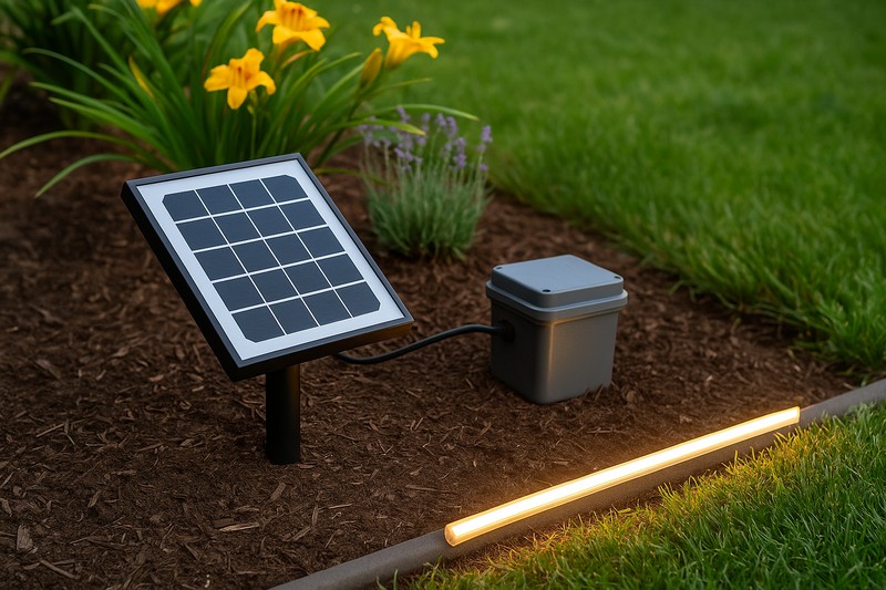 A solar panel mounted on a post in a sunny garden, powering a small LED strip along a flower bed border.