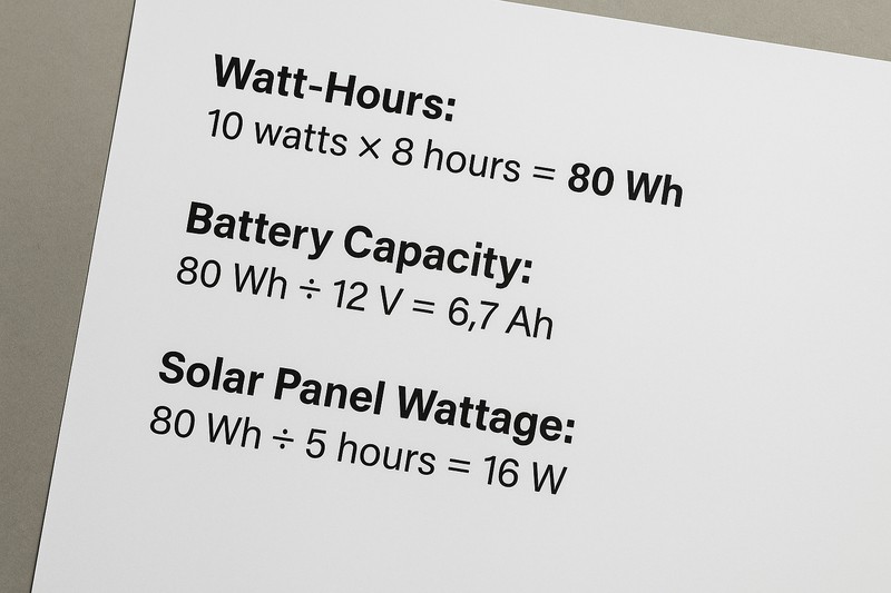 A worksheet showing calculations for watt-hours, battery capacity, and solar panel wattage.