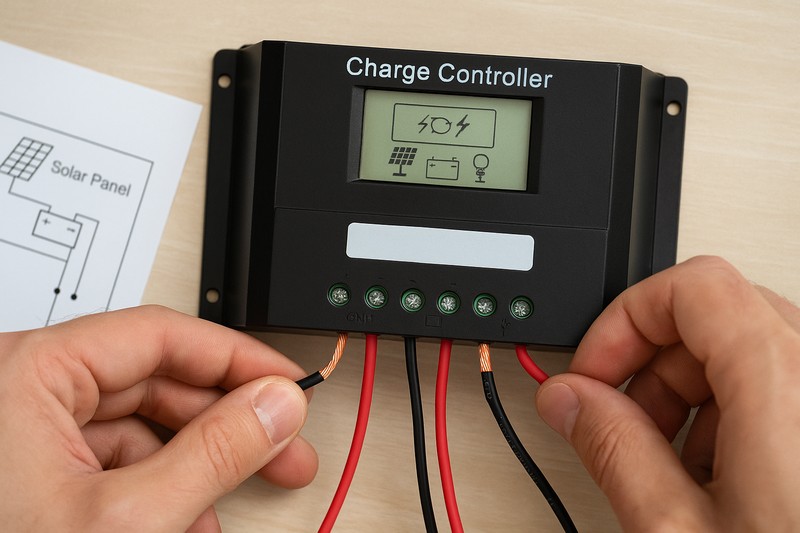 An installer connecting wires to a charge controller, carefully following a diagram.