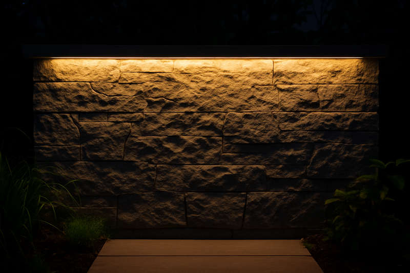 A textured stone feature wall in a garden is grazed with light from a hidden LED strip at the top, highlighting all its cracks and details.