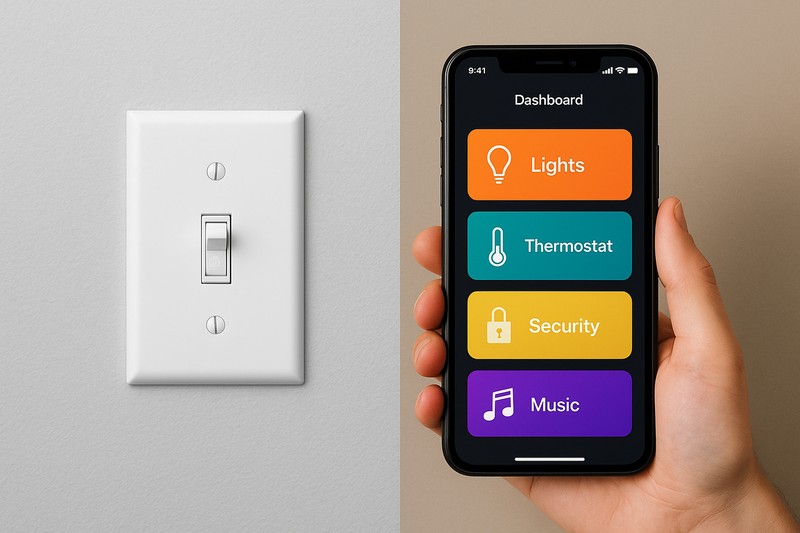 A split screen showing a simple light switch on one side, and a vibrant smart home app dashboard on the other side.