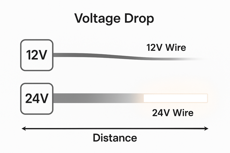 A diagram illustrating voltage drop, showing a 12V wire getting thinner (less power) over distance, while a 24V wire stays consistent.
